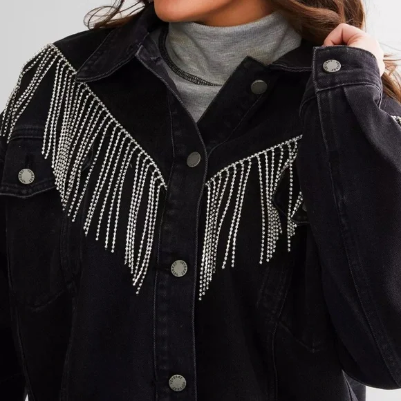 Cowgirl Rhinestone Fringe Black Denim Jacket, VEVERET sz 18. Trucker Glam Biker - Picture 5 of 11